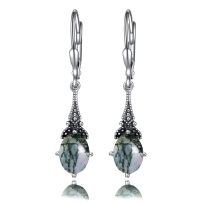 wholesale 925 Sterling Silver Blue Topaz Oval Cut Vintage Style Leverback Earrings-Black Moss Agate