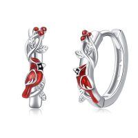 wholesale 925 Sterling Silver Cardinal Bird Earrings With Red Berry Accents-Cardinal