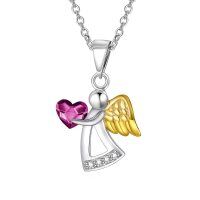 wholesale 925 Sterling Silver Red Heart & Gold Wings Guardian Angel Pendant Necklace for Women's Birthdays Gifts-Purple