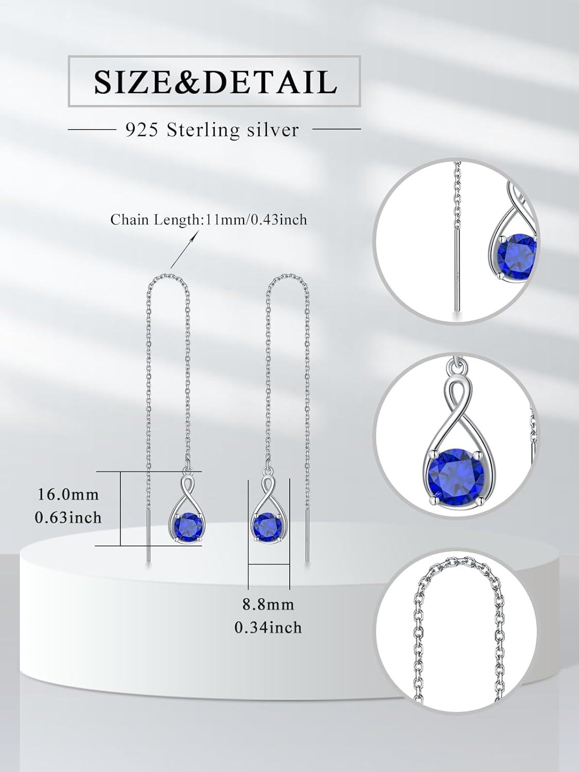  Sterling Silver Birthstone Threader Earrings Infinity Long Chain Drop Pull Through 12 Stone Birthday Jewelry Gifts for Women -0-2