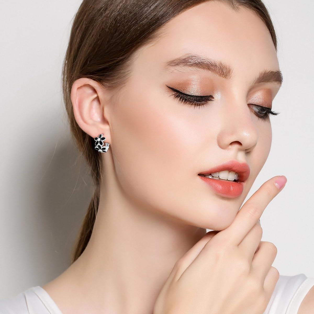 wholesale 925 Sterling Silver Black Enamel Flower Studs with CZ Cartilage Leverback Earring Set for Women Girls Gift-0-1
