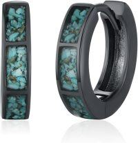 wholesale 925 Sterling Silver Turquoise Stone Inlay Black Hoop Huggies Punk Gothic Earrings for Women and Men-A01-15MM (Turquoise)