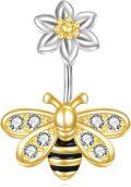 wholesale 925 Sterling Silver Bee Belly Button Ring with Flower Topper and CZ Accents-0-0