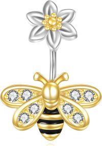 wholesale 925 Sterling Silver Bee Belly Button Ring with Flower Topper and CZ Accents-bee