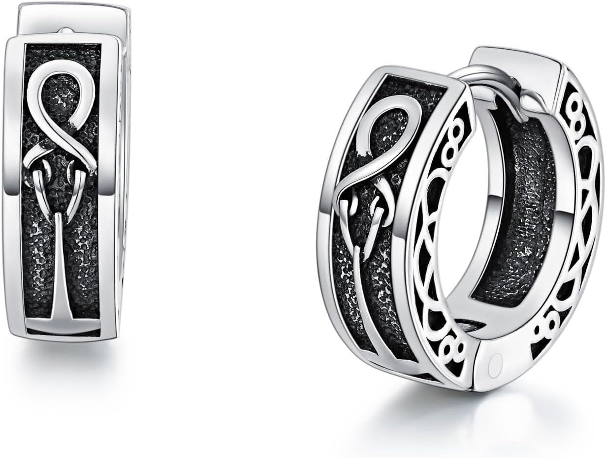 Sterling Silver Viking Earrings Huggie Hoop with Stone Vintage Jewelry Gifts for Men Women Boys Girls-Thor Hammer