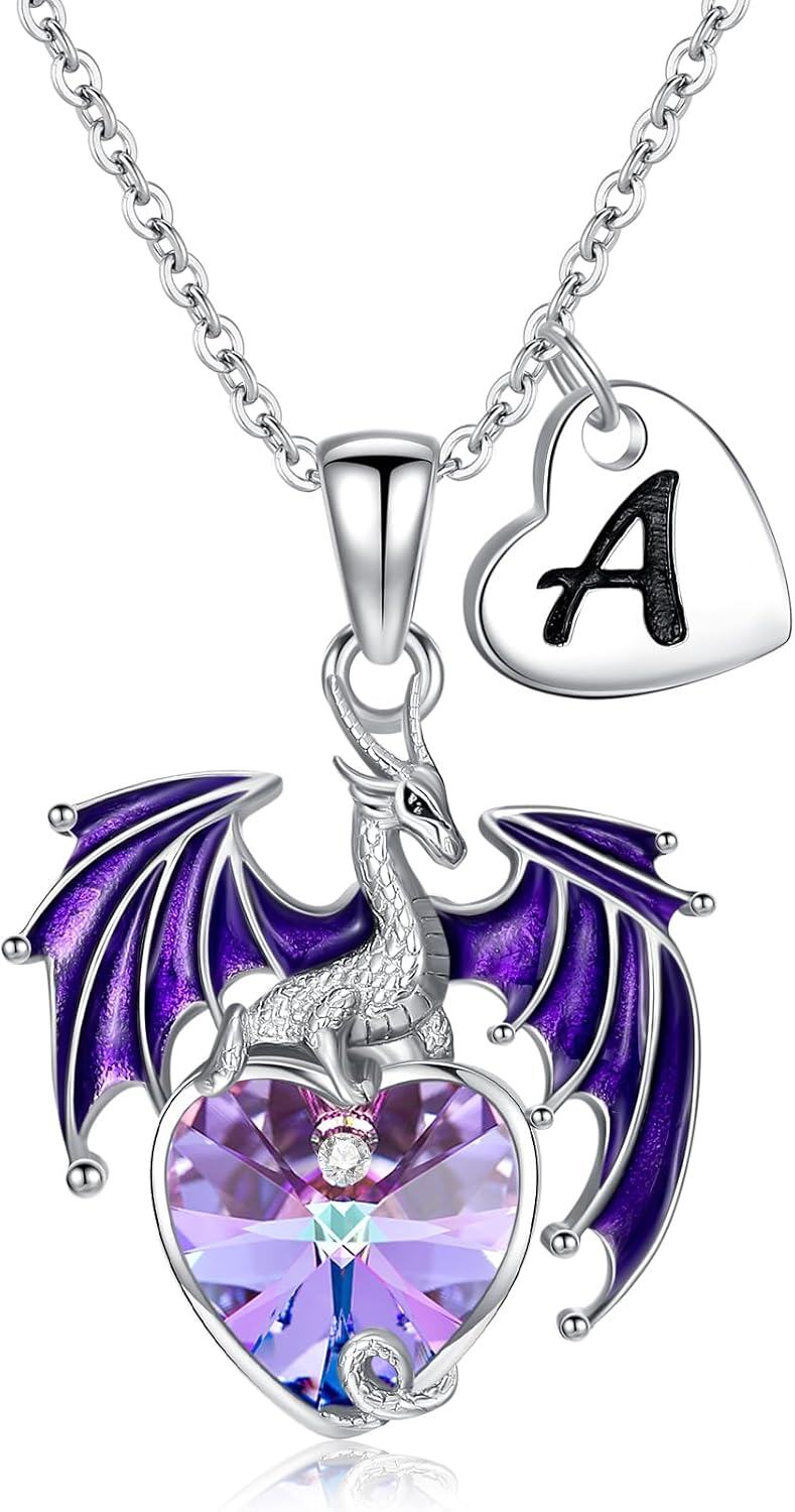 Sterling Silver Crystal Dragon Necklace with Heart Gift for Women-A.