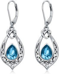 wholesale 925 Sterling Silver 8 6mm Simulated Birthstone Celtic Knot Dangle Earrings-Aquamarine Blue