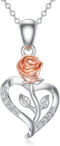 wholesale 925 Sterling Silver & Copper Plated Rose Flower Heart Pendant with Cubic Zirconia Necklaces for Women s-0-0