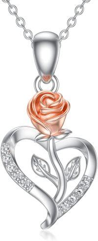 wholesale 925 Sterling Silver & Copper Plated Rose Flower Heart Pendant with Cubic Zirconia Necklaces for Women s-Style-2