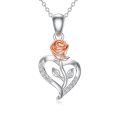 wholesale 925 Sterling Silver & Copper Plated Rose Flower Heart Pendant with Cubic Zirconia Necklaces for Women s-0-0