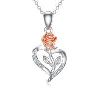 wholesale 925 Sterling Silver & Copper Plated Rose Flower Heart Pendant with Cubic Zirconia Necklaces for Women s-Style-2