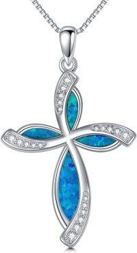 wholesale 925 Sterling Silver Blue and White Opal Cross Pendant Necklace for Women-Blue Opal
