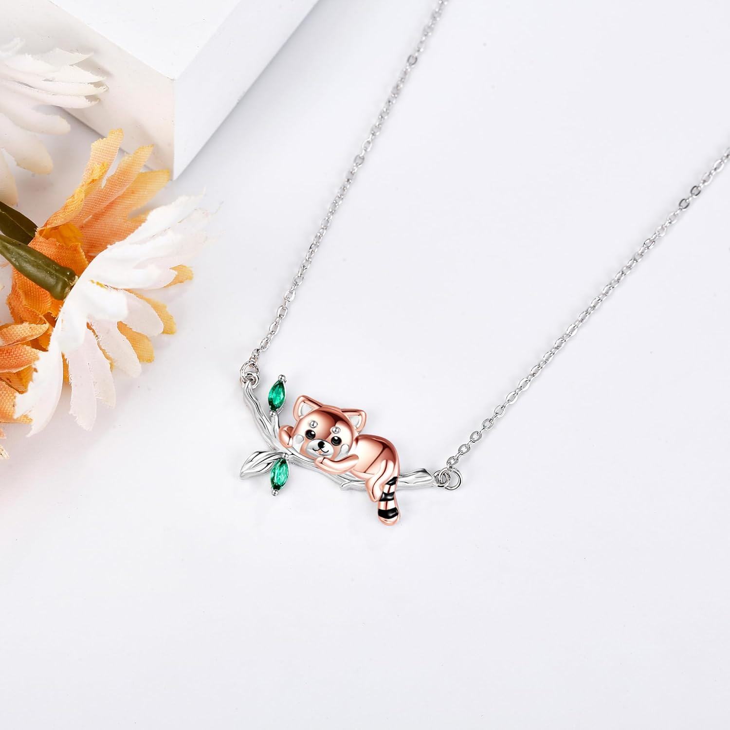 wholesale 925 Sterling Silver Green Garnet Red Panda Charm Necklace for Women Girls  45cm Chain Length-0-2