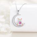 wholesale 925 Sterling Silver Pink Crystal Bunny on Crescent Moon Charm Necklace for Women Girls Gifts CUTE ANIMAL JEWELRY-0-4