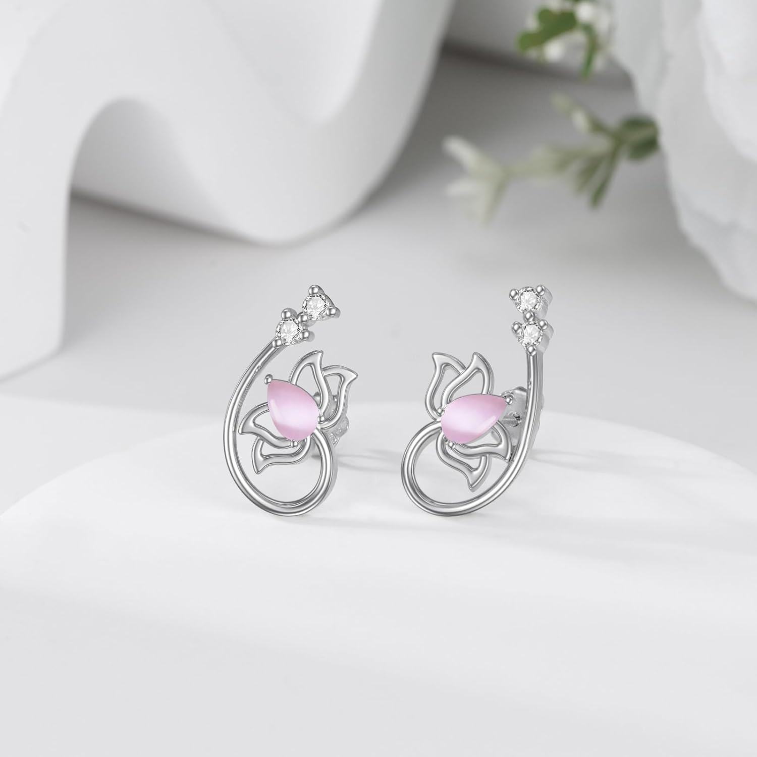wholesale 925 Sterling Silver Pink Cat's Eye Lotus Flower Stud Earring-0-4
