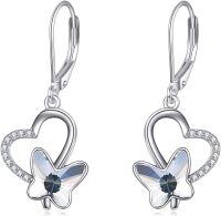 wholesale 925 Sterling Silver Heart-Shaped Pink Crystal Butterfly Drop Earrings for Women-white