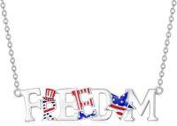 wholesale 925 Sterling Silver & Enamel 3D Freedom Text Chain Necklace with Stars & Stripes Flag Design - 30mm Pendant, 18 Chain, Gift for Women-B-FREEDOM