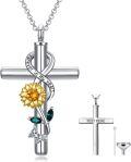 wholesale 925 Sterling Silver Cross & Sunflower Cremation Urn Necklace for Ashes w/Chain & Funnel Kit - Forever in My Heart Keepsake Jewelry Set-0-0