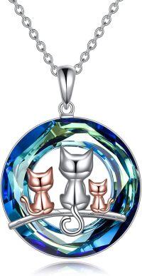 wholesale 925 Sterling Silver Round Blue Crystal Celtic Moon Cats Pendant Necklace Wiccan Jewelry for Women-silver-3 cat crystal