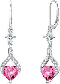 wholesale 925 Sterling Silver Birthstone Infinity Heart Leverback Dangle Earrings for Women-10.Pink Tourmaline