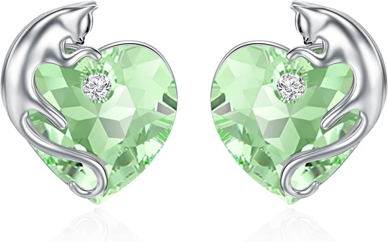 Sterling Silver Austria Crystal Cat Earrings Cute Studs with Birthstone Heart Gift for Cat Lovers-0-1