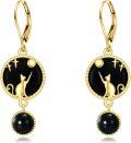 wholesale 925 Sterling Silver Black Onyx Cat Dangle Earrings with Gold Plating and Star Design-0-0