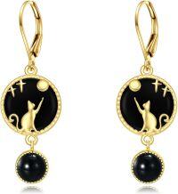 wholesale 925 Sterling Silver Black Onyx Cat Dangle Earrings with Gold Plating and Star Design-Black onyx cat earrings