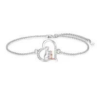 wholesale 925 Sterling Silver Heart-Shaped Girl and Cat Charm Bracelet Wholesale with Cubic Zirconia Stones for Women-Cat