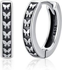 wholesale 925 Sterling Silver 25mm Black Enamel Hinged Hoops with Butterflies for Women Men Gift Hypoallergenic Jewelry-Butterfly Earrings