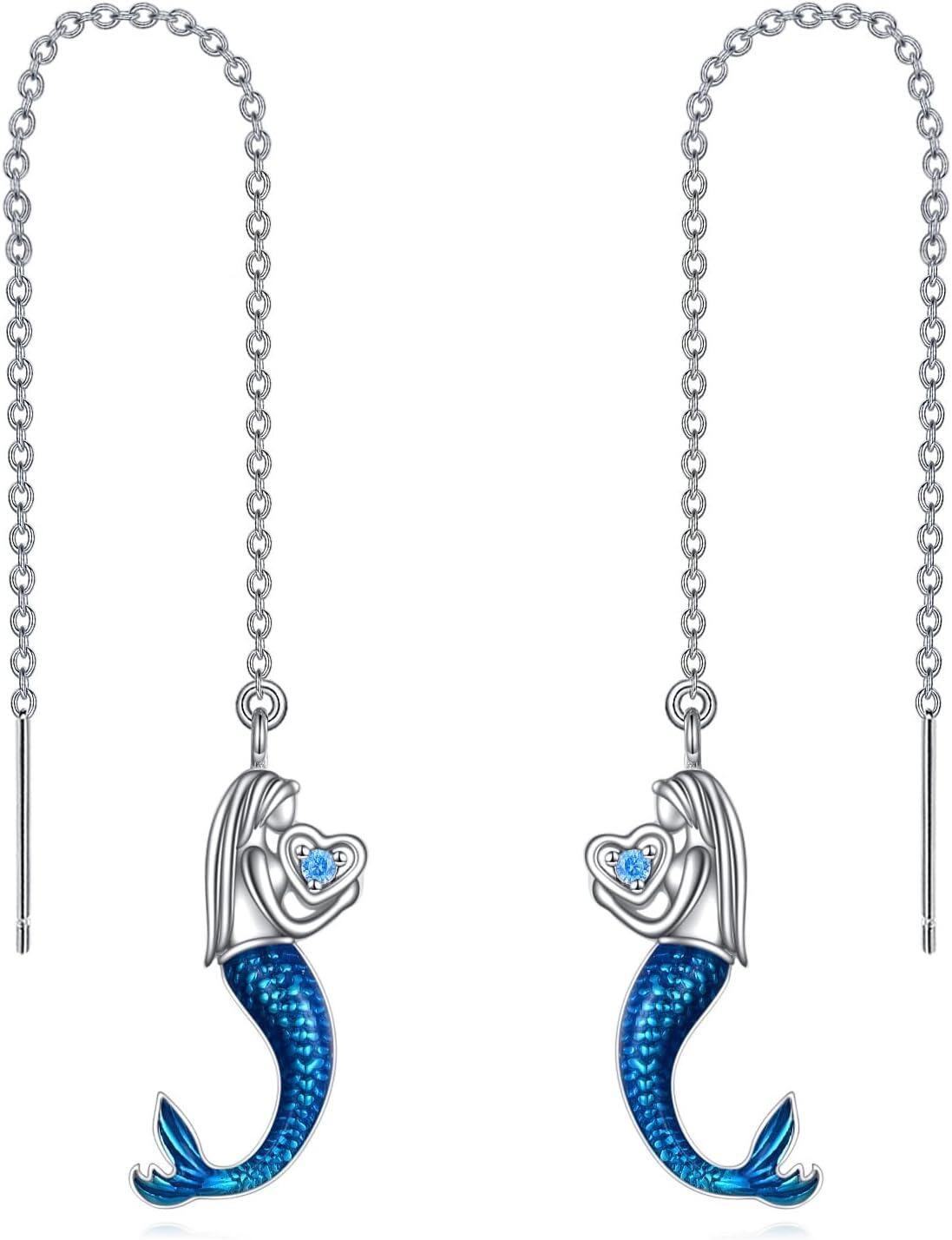 925 Sterling Silver Mermaid Heart Threader Earrings for Women's Gift-0-0