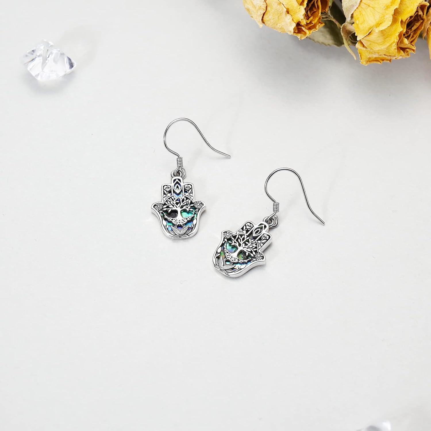 wholesale 925 Sterling Silver Tree of Life Hand Drop Earrings with Abalone Shell and Blue Enamel-0-1
