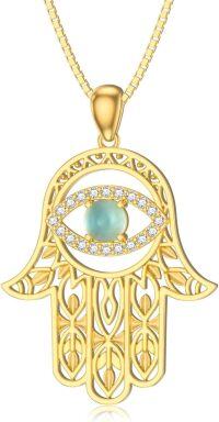 wholesale 18K Gold Plated Evil Eye Hamsa Necklace with Natural Gemstone-Aquamarine
