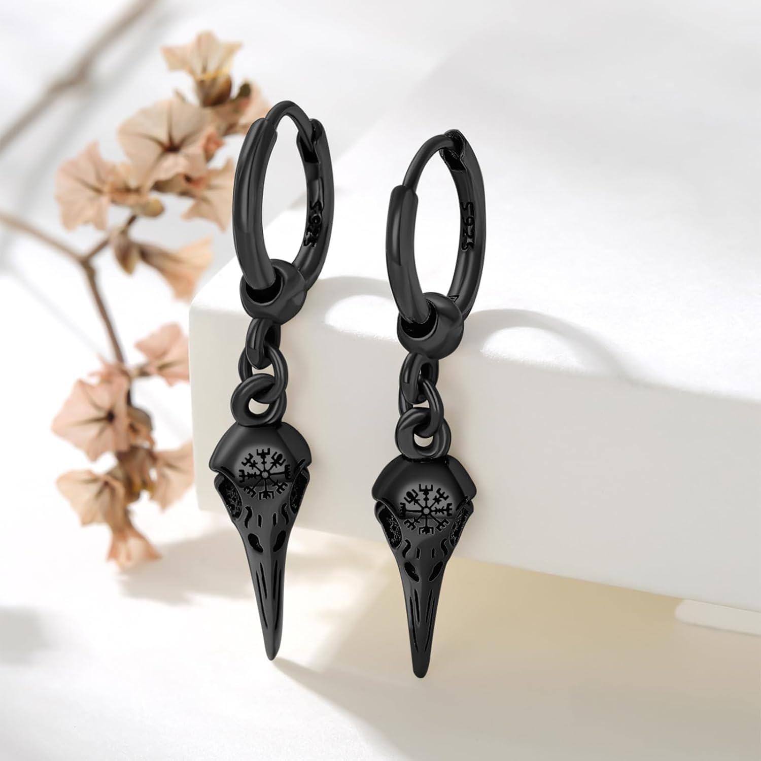  Sterling Silver Viking Earrings for Men Raven Celtic Knot Norse Huggie Hoop Punk Rock Jewelry -0-2