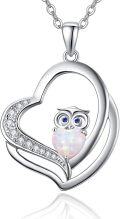 wholesale 925 Sterling Silver White Fire Opal Owl in Heart Shape Pendant Necklace for Women Girls Gifts-0-0