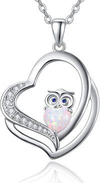 wholesale 925 Sterling Silver White Fire Opal Owl in Heart Shape Pendant Necklace for Women Girls Gifts-Silver
