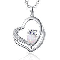 wholesale 925 Sterling Silver Owl Heart Opal Pendant Necklace White Gold Plated Crystal Jewelry-Silver