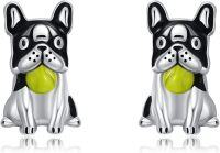 wholesale 925 Sterling Silver Black and White French Bulldog Dog Stud Earrings with Green Ball Pendant for Girls & Women-Boston Terrier