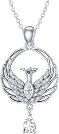 wholesale 925 Sterling Silver Phoenix Necklace with Created Diamond April Birthstone, 0.9 Inch Pendant, 18+2 Inch Chain, Gift for Women-0-0