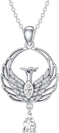 wholesale 925 Sterling Silver Phoenix Necklace with Created Diamond April Birthstone, 0.9 Inch Pendant, 18+2 Inch Chain, Gift for Women-April