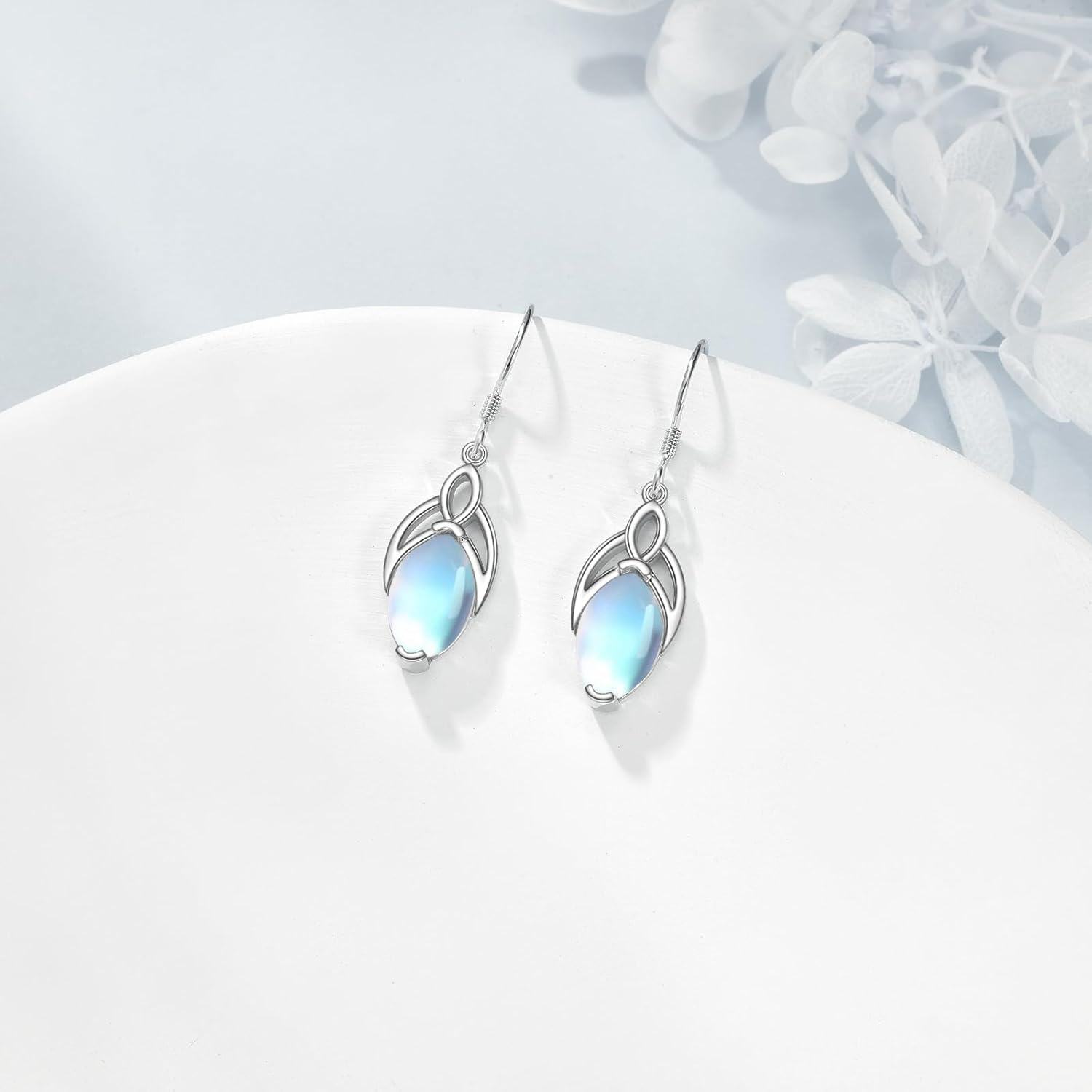 925 Sterling Silver Rainbow Moonstone Celtic Knot Drop Earrings Leverback-0-2