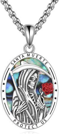 wholesale 925 Sterling Silver Santa Muerte Pendant with Abalone Shell and Red Rose - Religious Medal  for Men-Santa Muerte