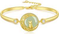 wholesale Gold-Plated 925 Sterling Silver Jade Bracelet with Cat Design - Gift for Mom or Grandma-Cat