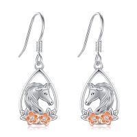 wholesale 925 Sterling Silver Hypoallergenic Unicorn Head with Flowers Drop Earrings for Women Girls Gifts Jewelry 4cm Long-Hibiscus Horse