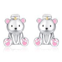 wholesale 925 Sterling Silver Nurse Bear Earrings Wholesale With Pink Accents-Polar Bear