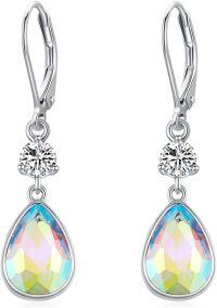wholesale 925 Sterling Silver Teardrop Rainbow Crystal Dangle Earrings with Leverbacks for Women-Silver