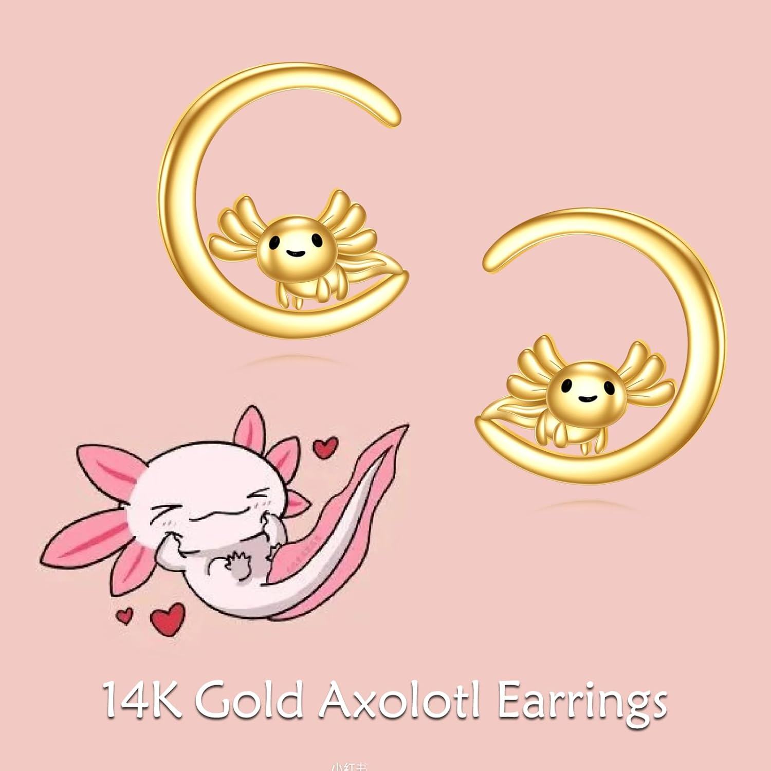 wholesale Gold 14K Moon Stud Earrings with Axolotl Design - Cute Animal Jewelry for Women-0-1