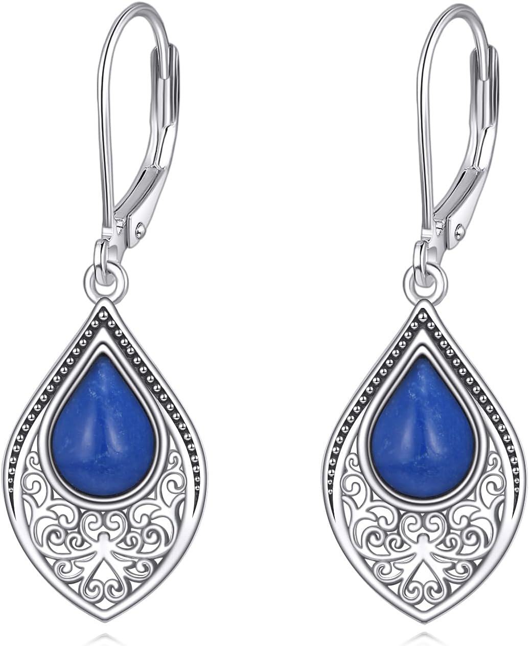 Sterling Silver Moonstone Dangle Drop Earrings Leverback Jewelry-I-filigree lapis lazuli