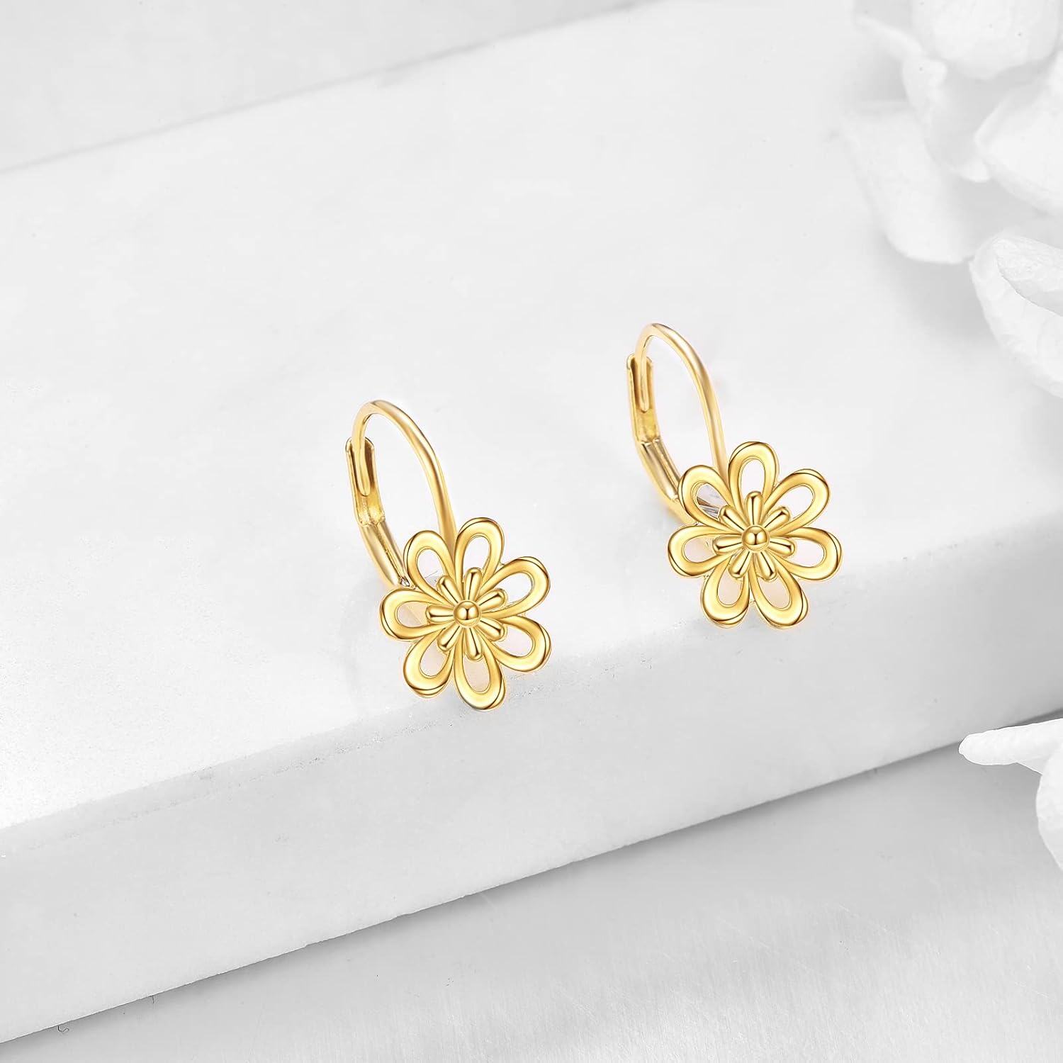 14K Yellow Gold Daisy Flower Leverback Dangle Hoop Earrings Jewelry for Women Teens Girls Christmas Birthday Gifts-0-2