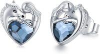 wholesale 925 Sterling Silver Blue Heart Unicorn Stud Earrings-Horse Blue Crystal
