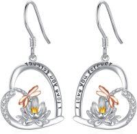 wholesale 925 Sterling Silver Lotus Flower Drop Earrings with Cubic Zirconia and Engraved Message I Love You Forever-C-Dragonfly